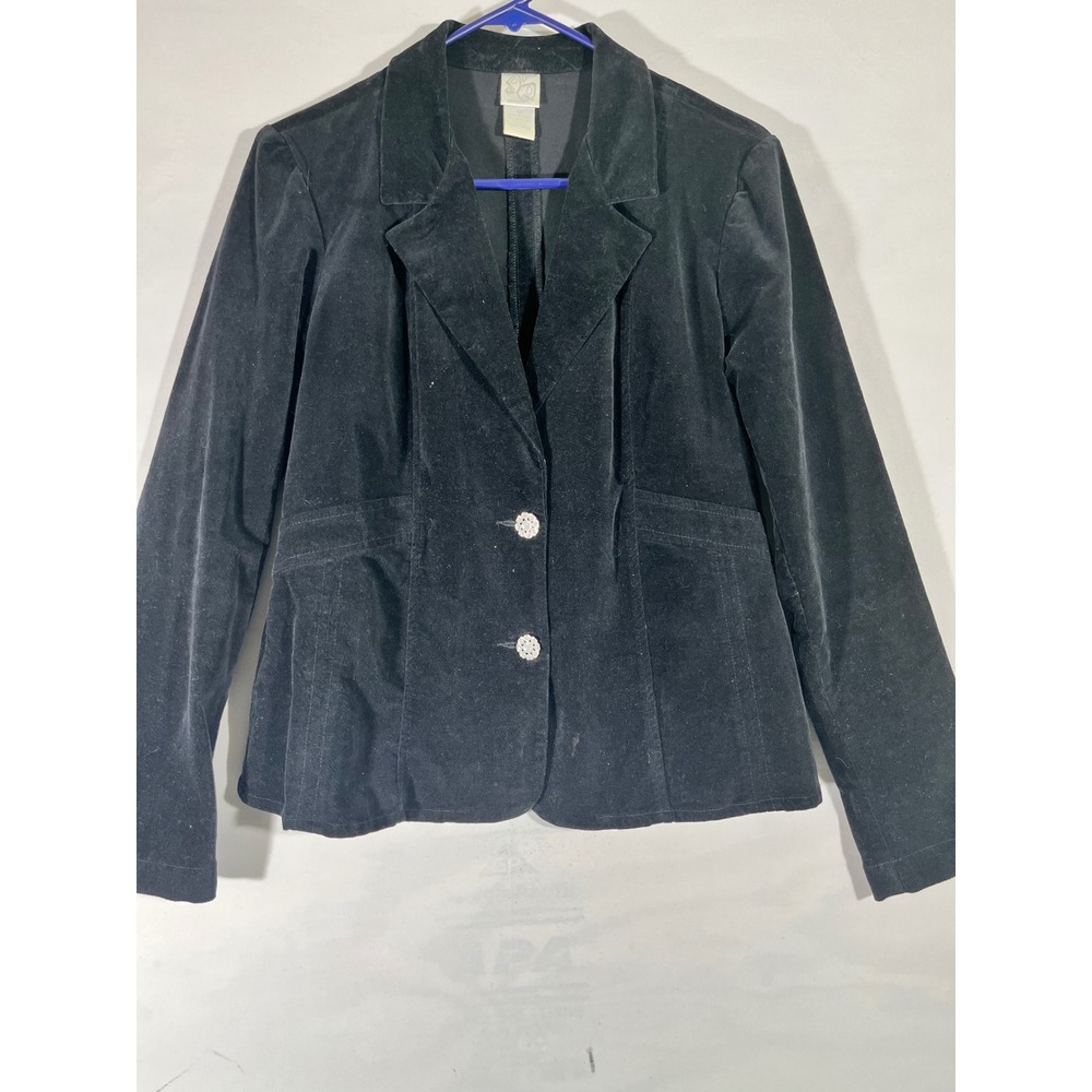 Stretch Velvet Blazer Jacket Women M Black Rhinestone Buttons Peplum Back Y2K